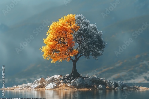 A concept art of a tree with half-withered and half-flourishing branches, metaphorically depicting organizational growth and change management photo