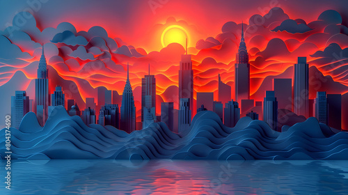 Stunning Neon Lit Paper Cityscape at Dramatic Sunset with Vibrant Colors and Fluid Shapes in a Stylized Digitally Illustrated Design photo