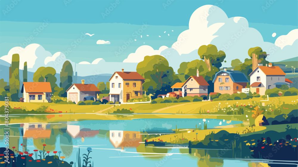 Lovely small town flat cartoon landscape countrysid