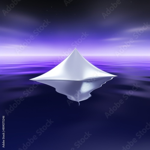 A large white pyramid floating on a purple ocean.