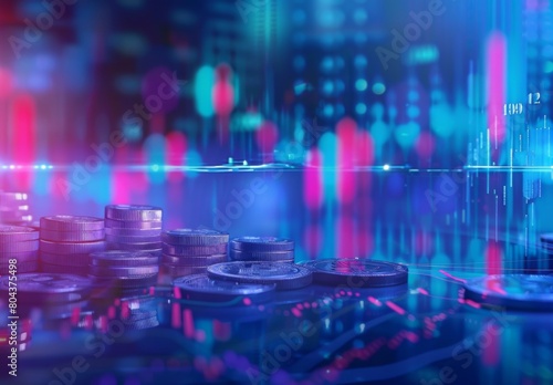 AI Academy and Business Growth: Stock Market Graph with Coins and Financial Charts on Digital Blue Gradient Background