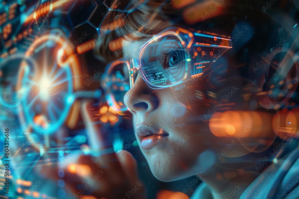 Little boy wearing futuristic glasses. He is looking at a virtual screen. He is amazed by what he sees. Little boy wearing futuristic glasses. He is looking at a virtual screen. He is amazed by what he sees.