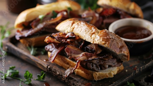 Beef butty is a British sandwich consisting of crispy bacon, butter, and sauce closeup in the wooden tray on the table. Horizontal