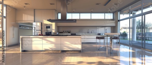 Design a modern kitchen with a large island and a breakfast bar