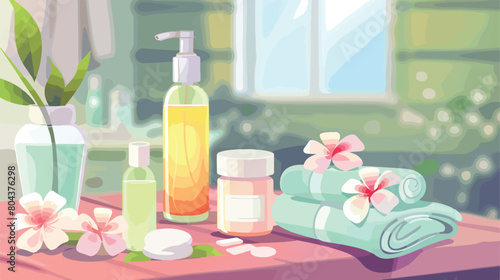 Bottles with cosmetics and soft towels on table Vector