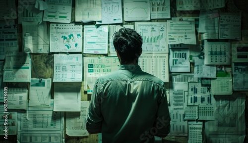 A man stands in front of a wall covered with many papers, Project Scope Definition and Management