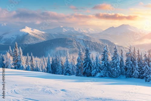 Incredible winter landscape with snowcapped pine trees in frosty morning. Amazing nature scenery in winter mountain valley. Awesome natural Background. Soft light effect. High quality photo