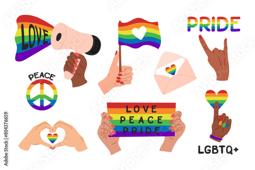 LGBTQ element set with hearts, hands and flag. LGBTQ community symbols with rainbows. Vector flat hand drawn elements for pride month isolated on white background © Olena