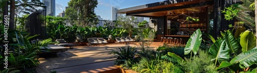 A lush rooftop garden with a bar and lounge area. The space is decorated with modern furniture and lush greenery, creating a relaxing and inviting atmosphere.