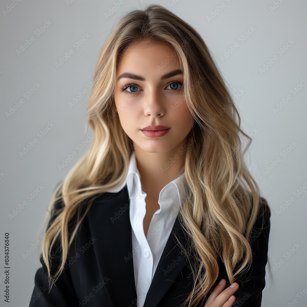 Happy young business woman posing isolated over grey wall background or blur office Happy young business woman posing isolated over grey wall background or blur office
