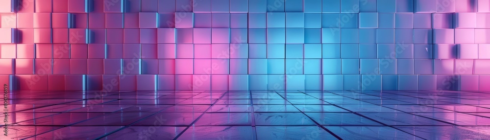 A vast, empty room with a reflective floor and walls made of glowing pink and blue cubes. The room is lit by a soft, pink light. A vast, empty room with a reflective floor and walls made of glowing pink and blue cubes. The room is lit by a soft, pink light.