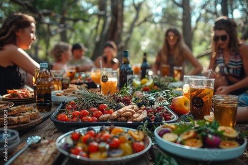 A forest glade picnic with a spread of summer treats, Picnic in summer park with food and drink