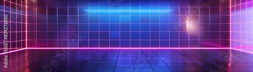 Create a retro, futuristic, neon-lit, empty room with glowing blue and pink neon lights on the floor and walls. The room should be dark and mysterious, with a hint of danger.
