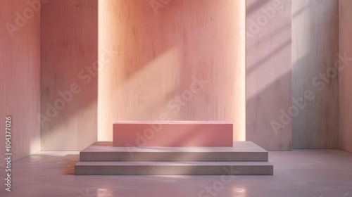 Create a 3D rendering of a pink podium in an empty room with indirect lighting.