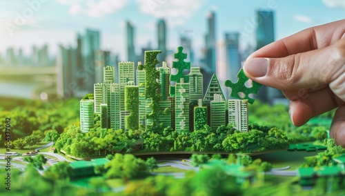 Hand carefully connects jigsaw puzzle pieces  featuring elements of a green cityscape  symbolizing the collaborative effort in building sustainable urban communities