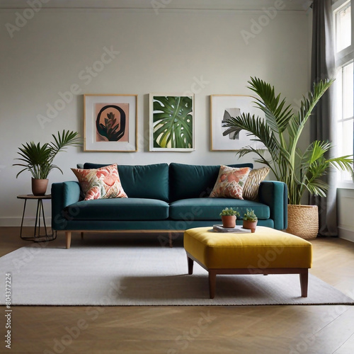 Luxury livingroom decoration or apartment interior design with houseplant, sofa, table, chair, holding light and furniture ai generative  © Desinger