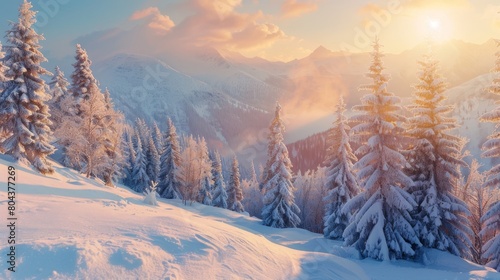 Incredible winter landscape with snowcapped pine trees in frosty morning. Amazing nature scenery in winter mountain valley. Awesome natural Background. Soft light effect. High quality photo © AminaDesign