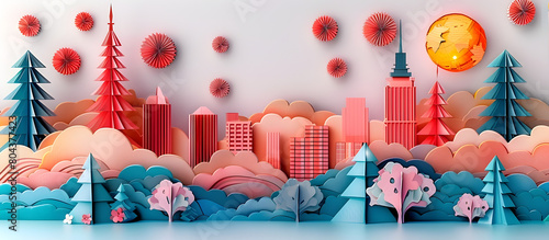 Vibrant Paper City Skyline with Fireworks Lighting Up the Pastel Sky photo