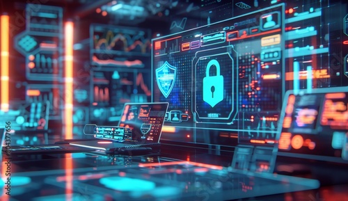 A digital illustration of cyber security, showing an animated screen with various symbols representing the theme, such as padlock and shield icons