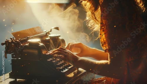 A young woman sits at a typewriter, her fingers poised over the keys