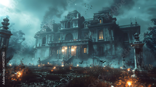 Happy Halloween  Spooky Mansion With Ghosts And Eerie Details  Generative Ai