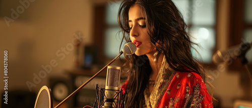 A young woman in a red and gold kameez is singing into the microphone of an old-fashioned spring arm mic. photo