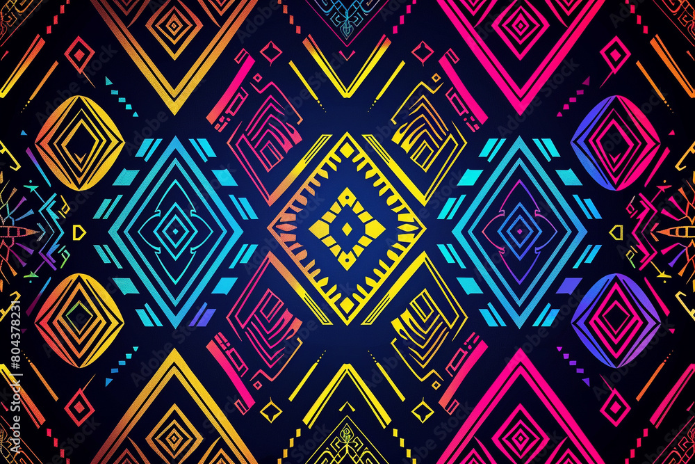 custom made wallpaper toronto digitalA bold background with a neon tribal pattern in bright colors against a dark matte finish, suitable for a striking visual impact.