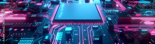 A close-up of a computer chip with blue and pink neon lights. The chip is the central processing unit (CPU) of a computer. photo