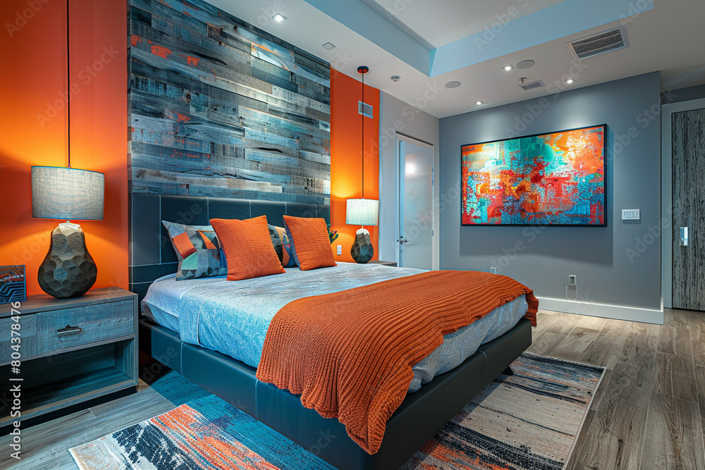 A vibrant accent wall injecting energy into a contemporary bedroom design. A vibrant accent wall injecting energy into a contemporary bedroom design.