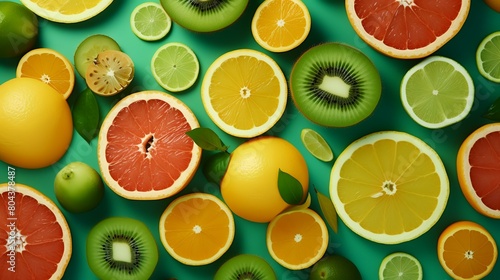 Citrus fruit pattern on green background  top view  flat lay