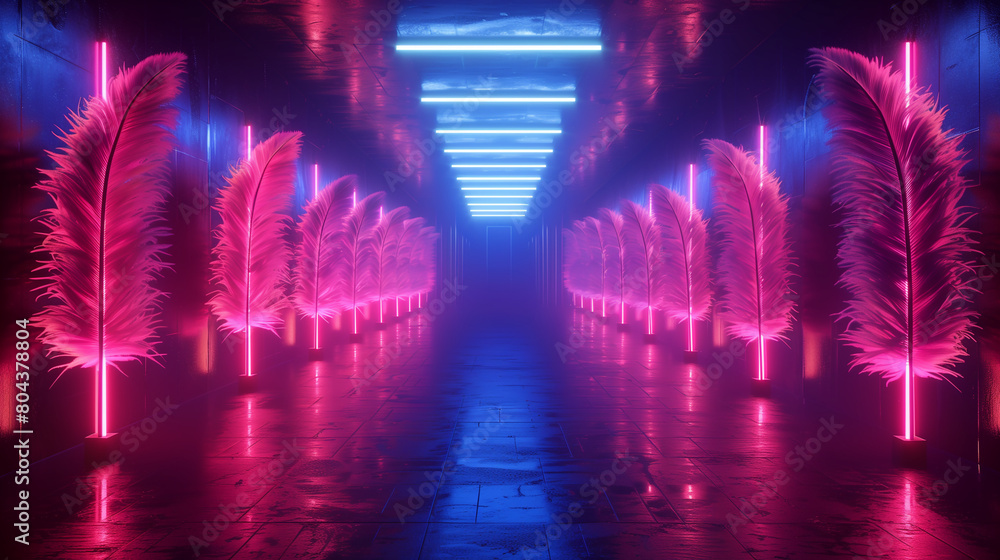 Neon-lit corridor with vibrant pink feather-like structures and reflective floor. Luxury vintage interior with empty copy space for dance. Generative AI Neon-lit corridor with vibrant pink feather-like structures and reflective floor. Luxury vintage interior with empty copy space for dance. Generative AI