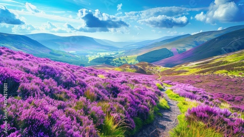 Colorful landscape scenery with a footpath through the hill slope covered by violet heather flowers and green valley, river, mountains and cloudy blue sky on background. Pentland hills, Scotland photo
