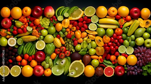 Fruits and vegetable background. Healthy food concept. Top view.