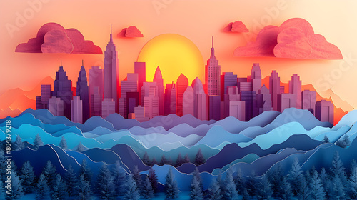 Vibrant Pastel Hued Cityscape with Paper Cut Mountains and Clouds at Sunrise or Sunset photo