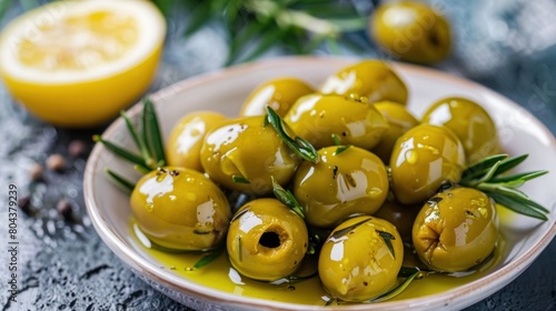 Cracked green olives. Cracked green olives with lemon. Turkish style olive (Turkish name; kirma zeytin) photo