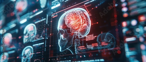 An illustration of a brain scan with a glowing red and blue brain inside a transparent skull. The background is made up of various medical imaging scans.