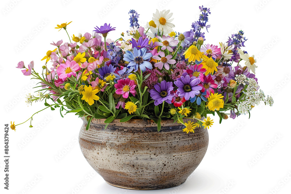 A vibrant bouquet of assorted wildflowers in a rustic vase, isolated on solid white background. A vibrant bouquet of assorted wildflowers in a rustic vase, isolated on solid white background.