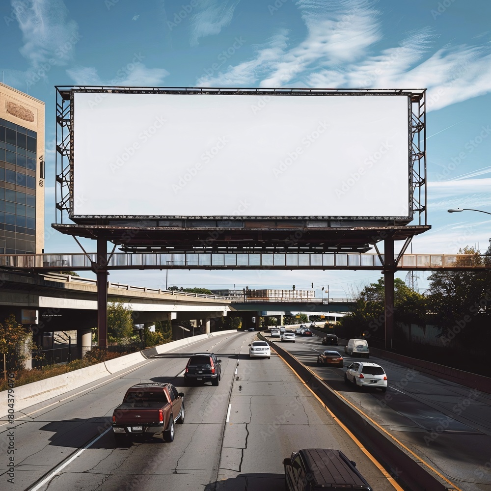 A large billboard is on a highway with cars driving by A large billboard is on a highway with cars driving by