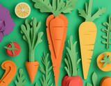 Artistic vegetable composition with paper cutout carrots and other veggies on a vibrant green background