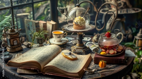 A beautiful spread of desserts and tea on a table with a book. The perfect setting for a relaxing afternoon.