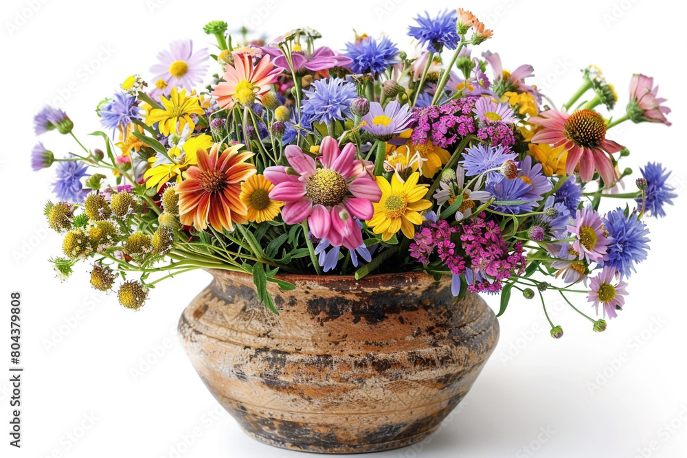 A vibrant bouquet of assorted wildflowers in a rustic vase, isolated on solid white background. A vibrant bouquet of assorted wildflowers in a rustic vase, isolated on solid white background.