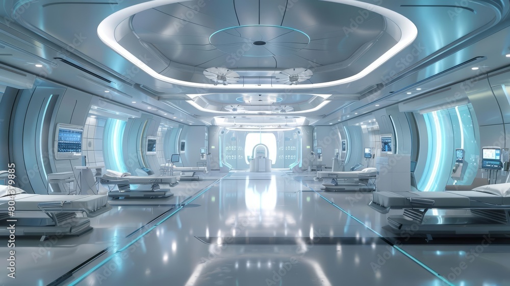 Design a futuristic hospital room that promotes healing, with soft lighting and advanced medical technology
