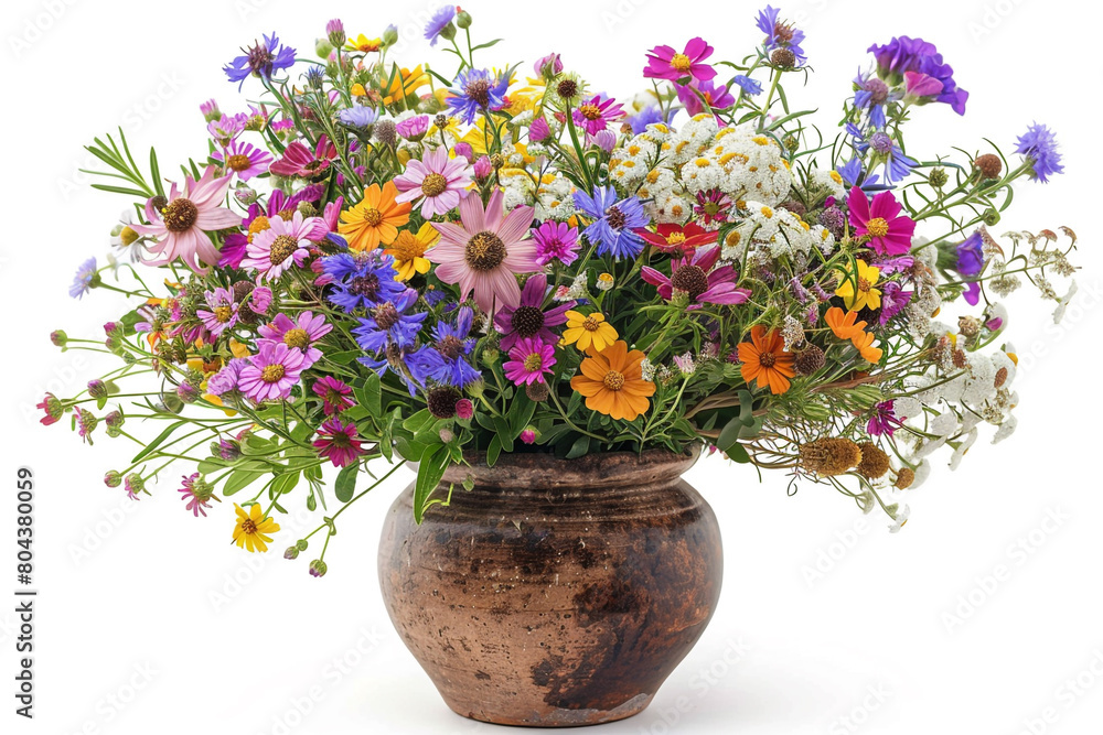 A vibrant bouquet of assorted wildflowers in a rustic vase, isolated on solid white background.