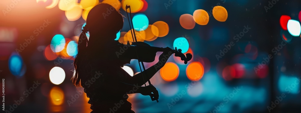 A violinist plays her violin in the middle of a busy city street. The city lights blur in the background, creating a colorful backdrop for the silhouette of the violinist.