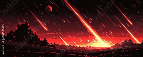 A red planet is being bombarded by meteors. photo