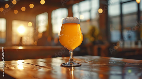 A glass of beer is sitting on a wooden table in a kitchen. The sun is shining through the window, casting a warm glow on the scene. The atmosphere is relaxed and inviting