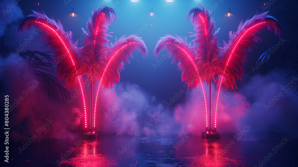 Neon-lit corridor with vibrant pink feather-like structures and reflective floor. Luxury vintage interior with empty copy space for dance. Generative AI