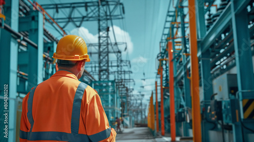 Electrical substation engineer inspect modern high-voltage equipment