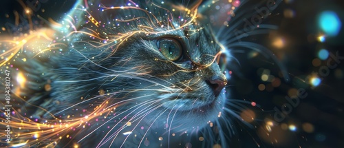A digital painting of a cat with glowing eyes and fur made of stars