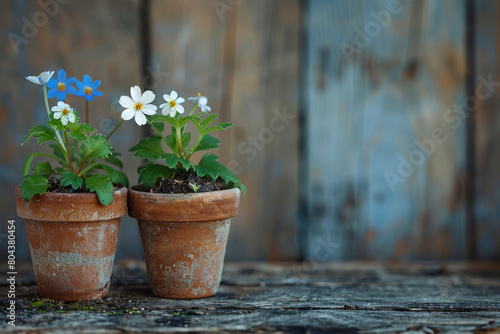 Potted flower seedlings growing in pots with peat moss on a wooden background. Zero waste, recycling, plastic free gardening concept © aqsa